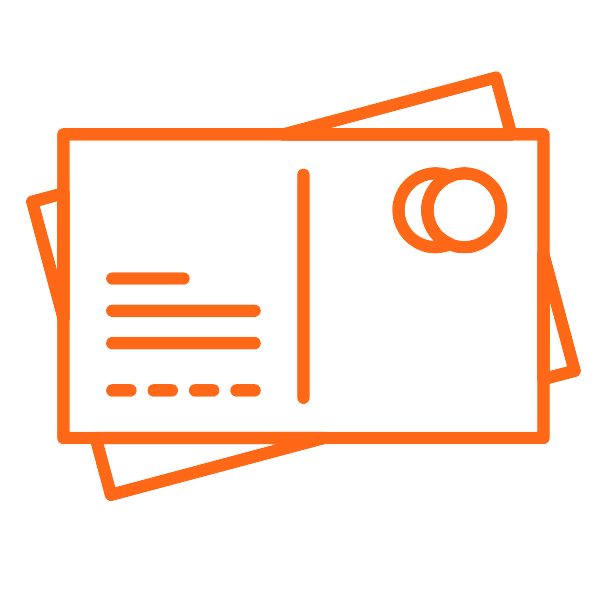 Orange line-art icon of a postcard with text lines and a stamp, representing mailed promotional materials.